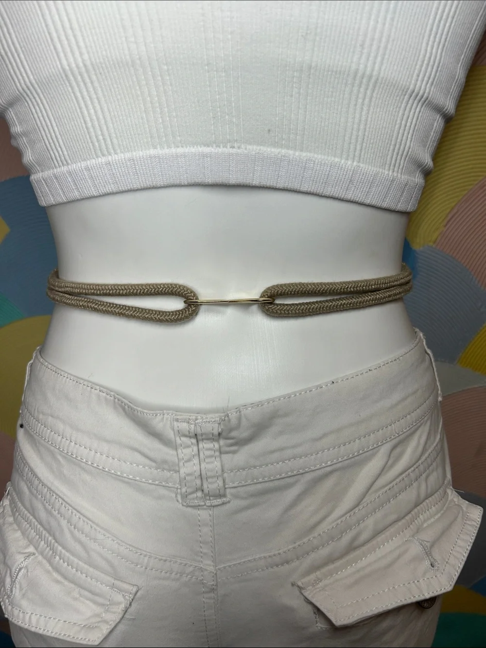 Vintage 1980s Multicolored Braided Rope Waist Belt with Antique Gold Ring